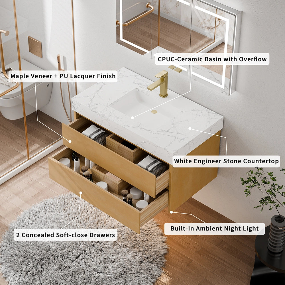 36" Natural Maple Floating Bath Vanity in Brown with White Marble Top