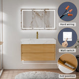 36" Natural Maple Floating Bath Vanity in Brown with White Marble Top