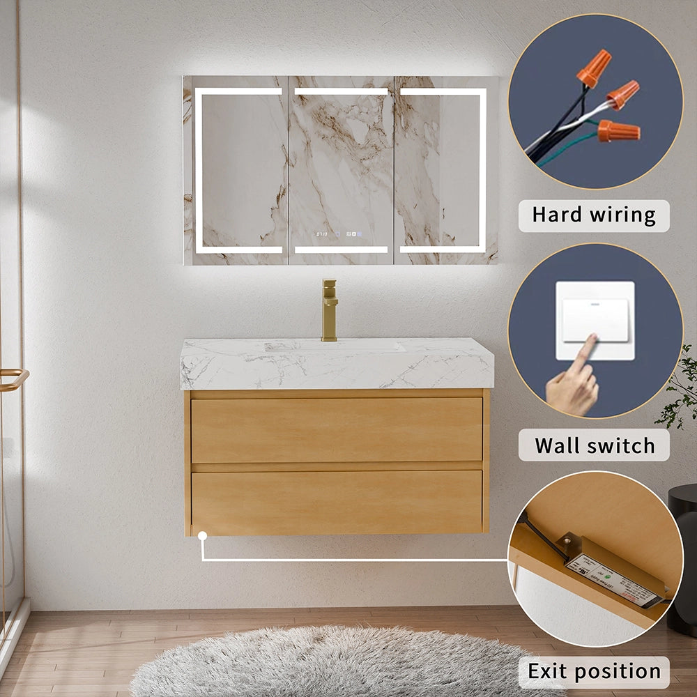 36" Natural Maple Floating Bath Vanity in Brown with White Marble Top