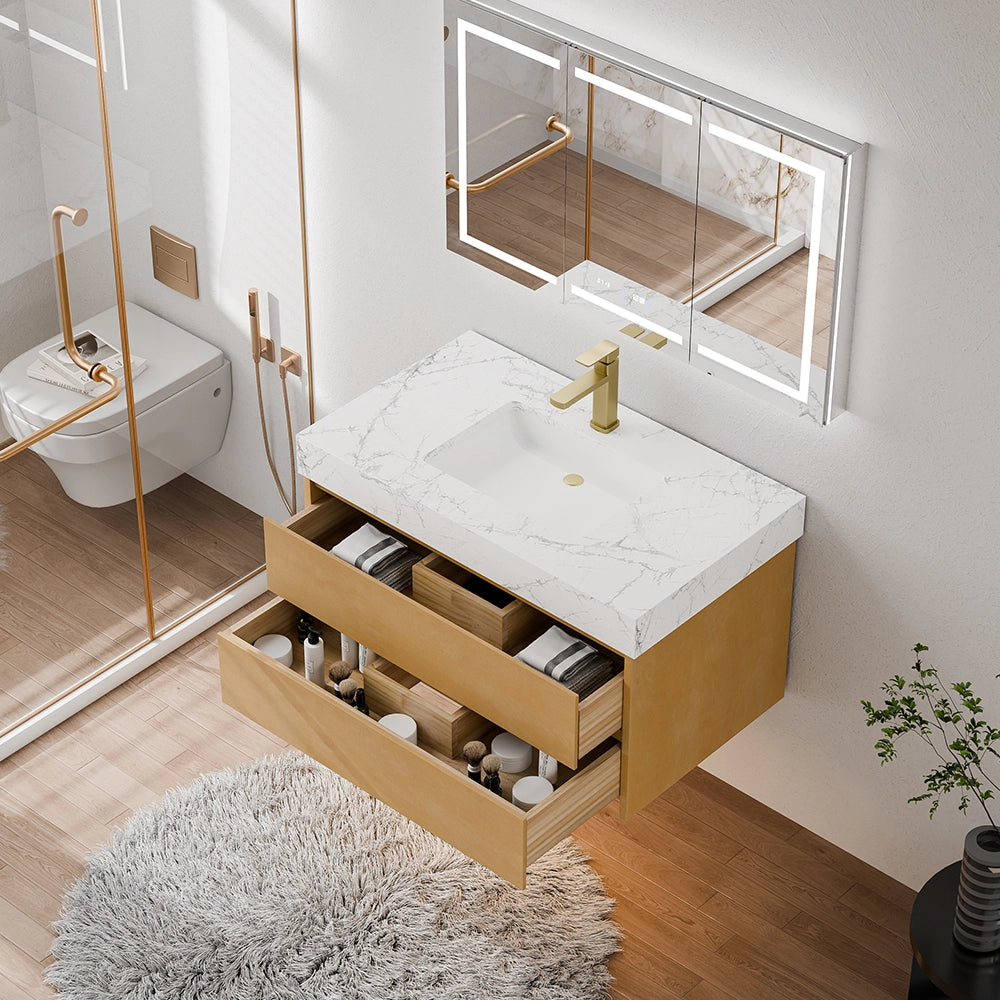 36" Natural Maple Floating Bath Vanity in Brown with White Marble Top