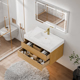 36" Natural Maple Floating Bath Vanity in Brown with White Marble Top