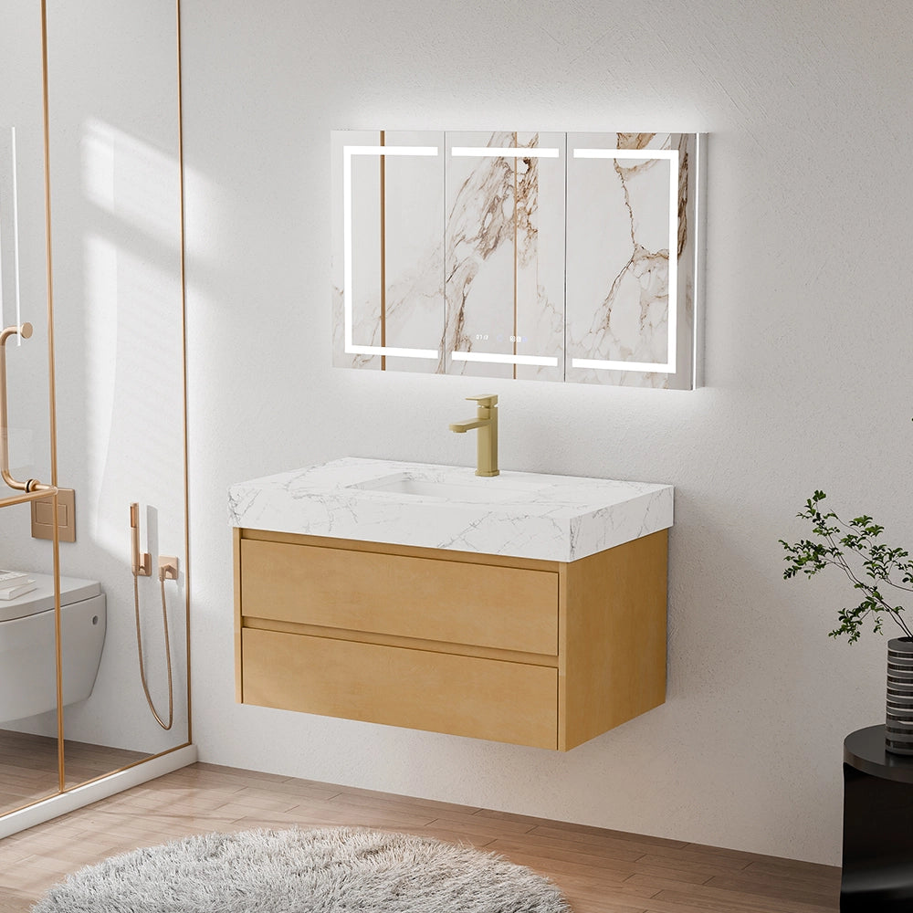 36" Natural Maple Floating Bath Vanity in Brown with White Marble Top