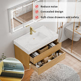 36" Natural Maple Floating Bath Vanity in Brown with White Marble Top