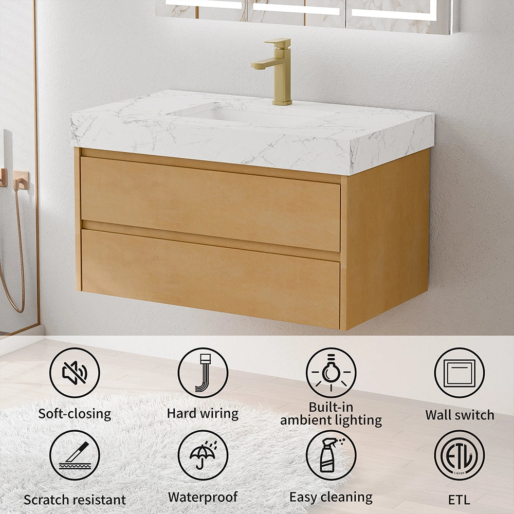 36" Natural Maple Floating Bath Vanity in Brown with White Marble Top