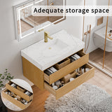 36" Natural Maple Floating Bath Vanity in Brown with White Marble Top