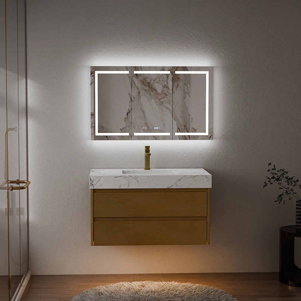 36" Natural Maple Floating Bath Vanity in Brown with White Marble Top