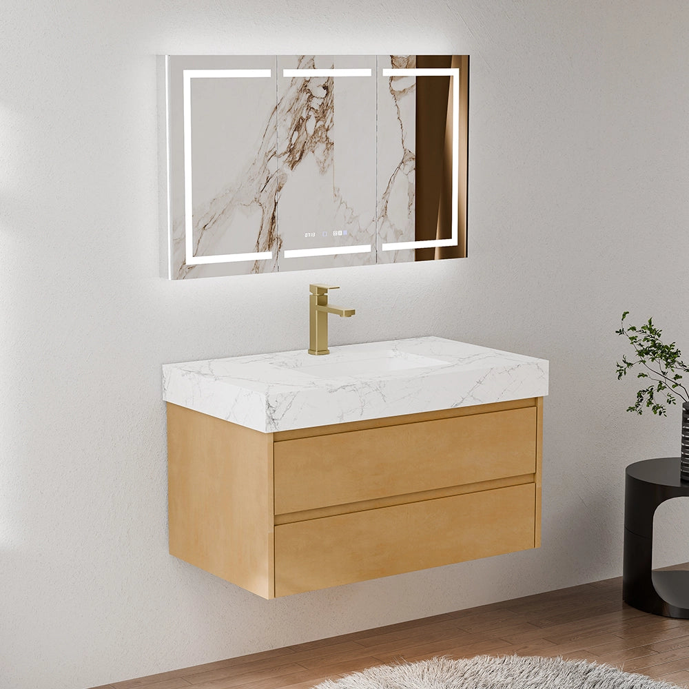 36" Natural Maple Floating Bath Vanity in Brown with White Marble Top