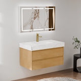 36" Natural Maple Floating Bath Vanity in Brown with White Marble Top