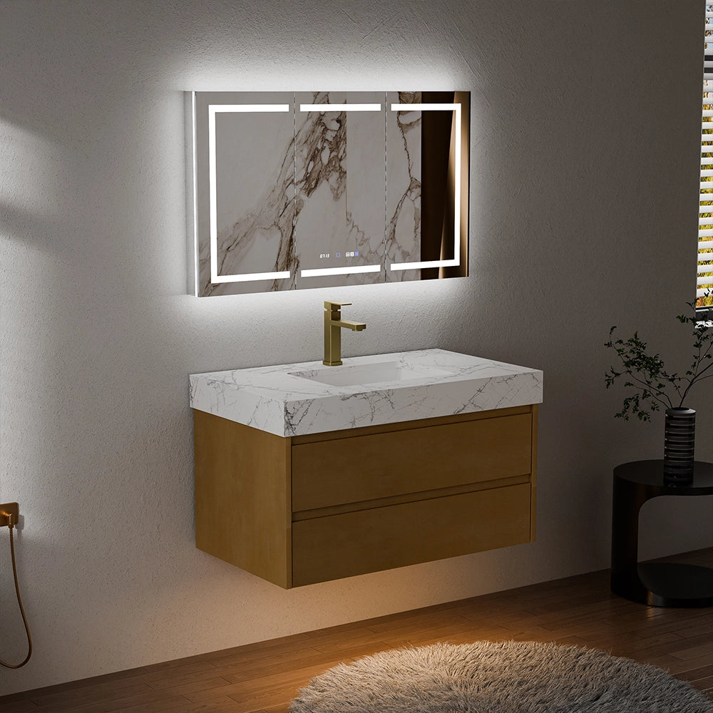 36" Natural Maple Floating Bath Vanity in Brown with White Marble Top