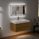 36" Natural Maple Floating Bath Vanity in Brown with White Marble Top