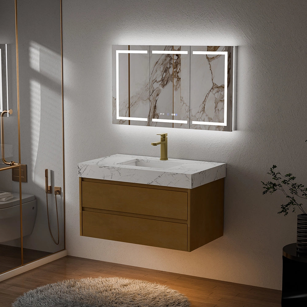 36" Natural Maple Floating Bath Vanity in Brown with White Marble Top