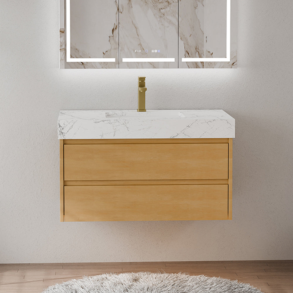 36 inch maple floating bath vanity with marble top front