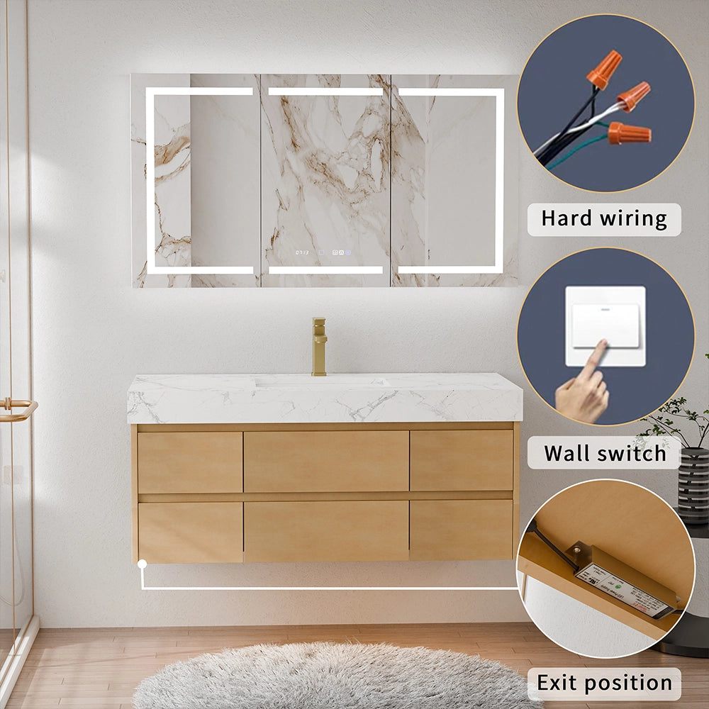48 Inch Wall Mounted Double Bathroom Vanity with engineered stone marble-patterned top and light wood cabinetry, showcasing hard wiring components, wall switch control, and cable exit position details; paired with a marble-framed LED mirror in a modern bathroom setting with light gray walls and a white fluffy rug