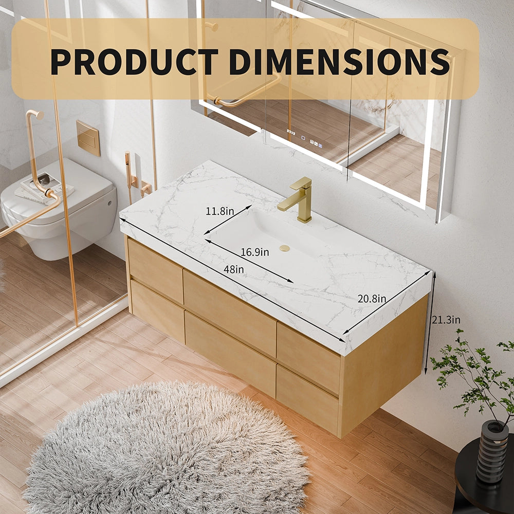 48 Inch Wall Mounted Double Bathroom Vanity in a top-down angled view, displaying detailed product dimensions (48in width, 20.8in depth, 21.3in height, 16.9in sink length, 11.8in sink width) on the engineered stone marble-patterned top; featuring light wood floating cabinetry with multiple drawers, brass faucet, and set in a modern bathroom with wooden flooring, white fluffy rug and glass shower enclosure, serving as a clear dimension guide for the vanity.