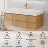 48 Inch Wall Mounted Double Bathroom Vanity with engineered stone marble-patterned top and light wood six-drawer cabinetry, featuring key product features icons: soft-closing, hard wiring, built-in ambient lighting, wall switch, scratch resistant, waterproof, easy cleaning, and ETL certification; displayed in a bright modern bathroom setting with brass faucet and marble-accented backdrop.