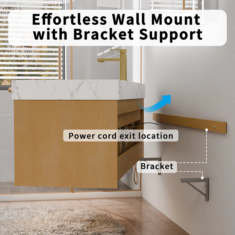 48 Inch Wall Mounted Double Bathroom Vanity in a side profile view, highlighting the effortless wall mount system with metal bracket support, labeled power cord exit location, and engineered stone marble-patterned top; set in a bright modern bathroom with wooden flooring and a white fluffy rug, illustrating the vanity’s easy installation and practical wiring design details.