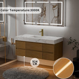 48 Inch Wall Mounted Double Bathroom Vanity with engineered stone marble-patterned top and warm wood cabinetry, highlighting 3000K color temperature ambient lighting, 924 LM brightness output, and a close-up of the cabinet's wood grain finish; set in a modern bathroom with marble-framed LED mirror, wooden flooring and a gray fluffy rug.