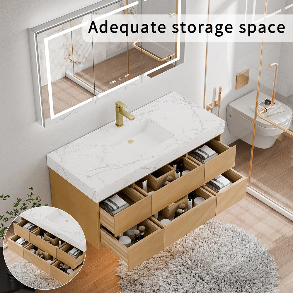 48 Inch Wall Mounted Double Bathroom Vanity in a high-angle top-down view, showcasing fully extended storage drawers (filled with bathroom accessories) of the light wood cabinetry and an engineered stone countertop with white marble veining; labeled "Adequate storage space" with a close-up inset of the drawer details, set in a modern bathroom with wooden flooring, white fluffy rug and gold-finish bathroom fixtures, highlighting the vanity’s generous storage capacity.