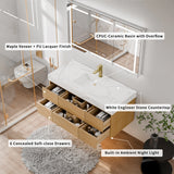 48 Inch Wall Mounted Double Bathroom Vanity in a bird’s-eye oblique top-down view, labeled with key features: maple veneer + PU lacquer finish cabinetry, 6 concealed soft-close drawers, white engineered stone countertop, CPUC-ceramic basin with overflow, and built-in ambient night light; set in a modern bathroom with wooden flooring, gray fluffy rug and gold-framed glass shower, showcasing the vanity’s premium materials and functional design details.