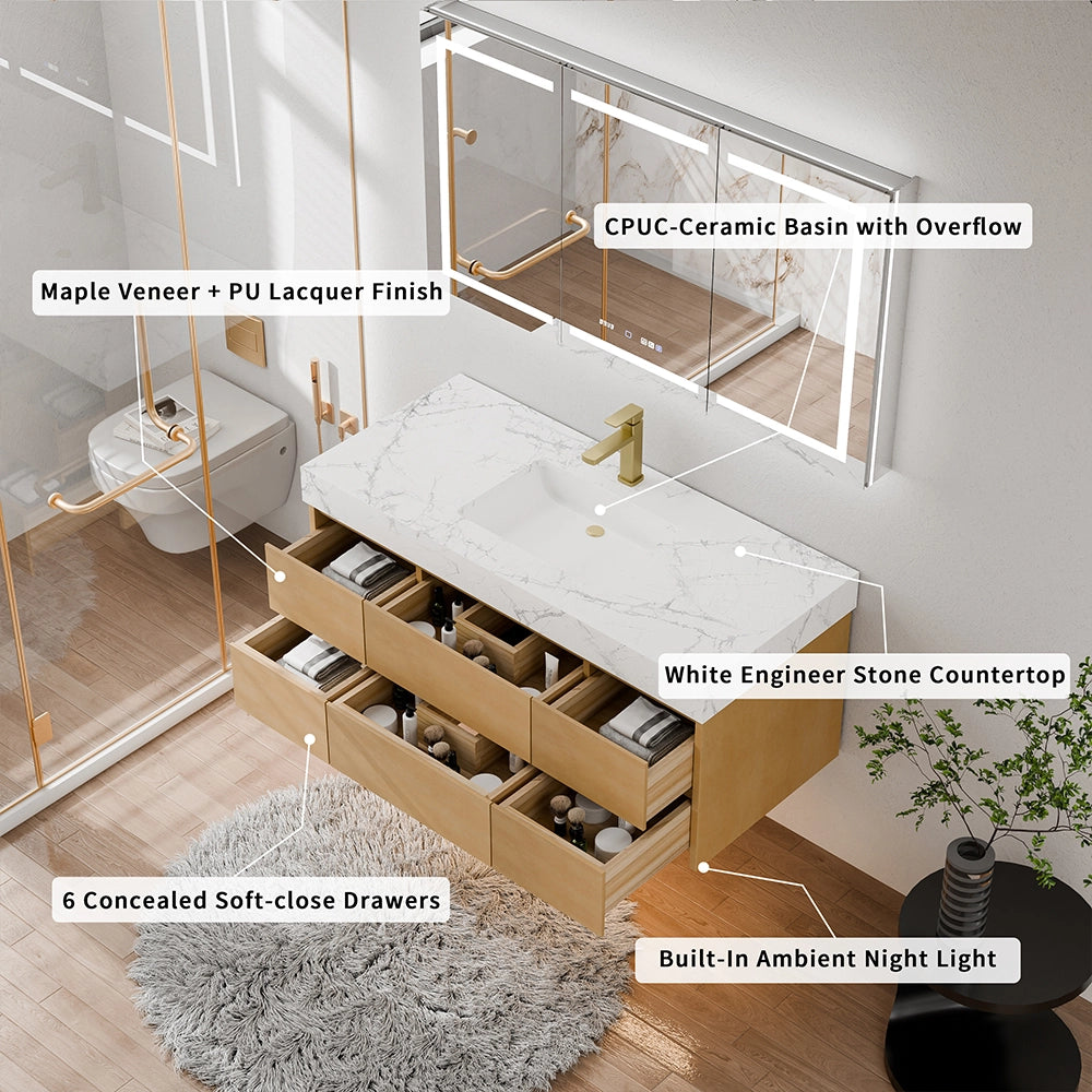 48 Inch Wall Mounted Double Bathroom Vanity in a bird’s-eye oblique top-down view, labeled with key features: maple veneer + PU lacquer finish cabinetry, 6 concealed soft-close drawers, white engineered stone countertop, CPUC-ceramic basin with overflow, and built-in ambient night light; set in a modern bathroom with wooden flooring, gray fluffy rug and gold-framed glass shower, showcasing the vanity’s premium materials and functional design details.