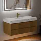 48 Inch Wall Mounted Double Bathroom Vanity with maple wood floating cabinetry and integrated engineered stone sink top with white marble veining, paired with a brass finish faucet and backlit marble mirror; showcased in a dimly lit modern bathroom with warm ambient lighting and wooden flooring, highlighting sleek contemporary design.