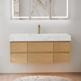 48 Inch Wall Mounted Double Bathroom Vanity featuring light wood cabinetry with six drawers, engineered stone countertop with white marble veining, and a brass finish faucet; paired with a backlit marble-framed mirror in a modern bathroom setting with light gray walls and a plush white rug.