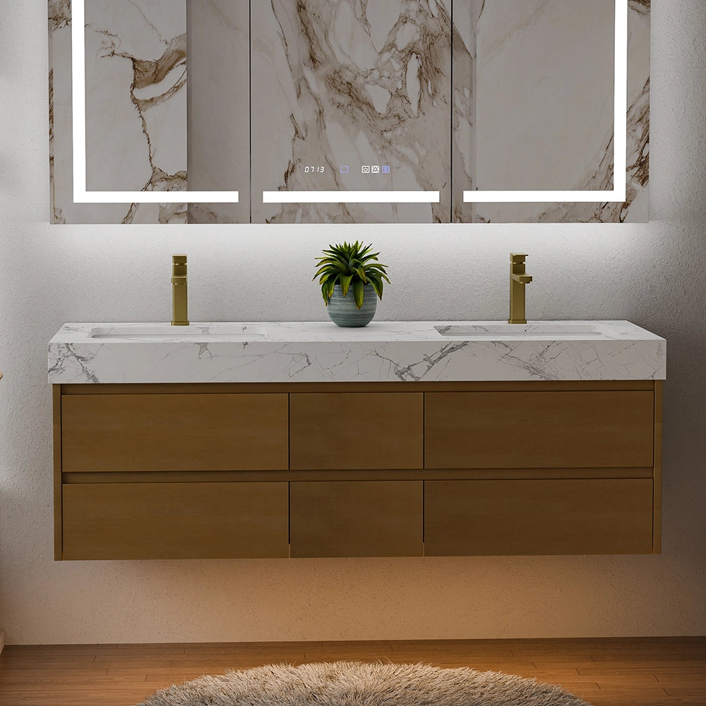 60" Wall Mounted Double Sink Bathroom Vanity Cabinet with Engineered Stone Top