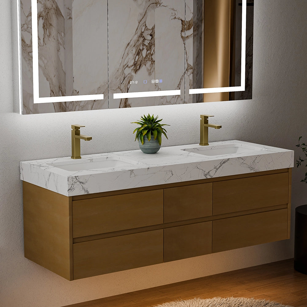 60" Wall Mounted Double Sink Bathroom Vanity Cabinet with Engineered Stone Top