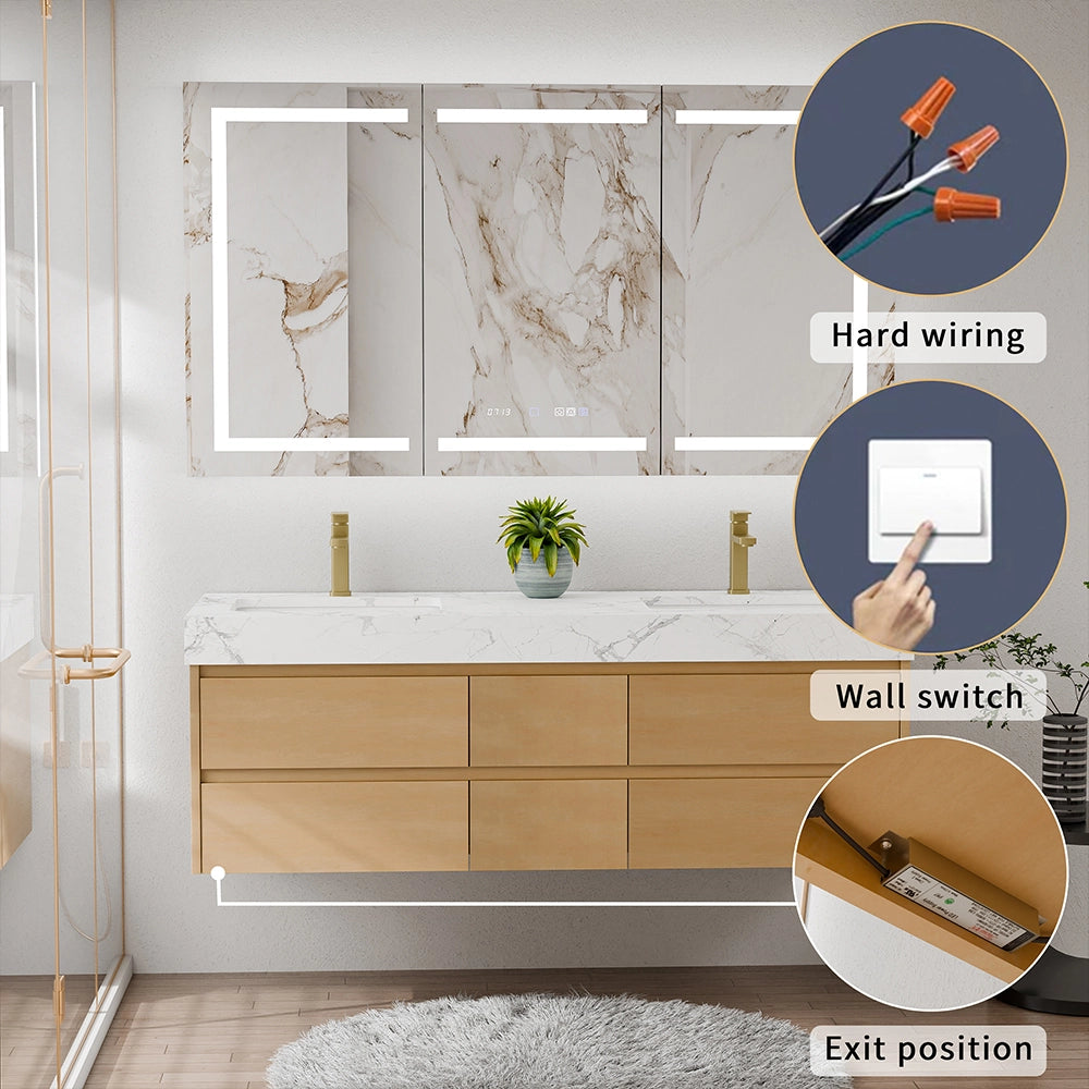 60" Wall Mounted Double Sink Bathroom Vanity Cabinet with Engineered Stone Top