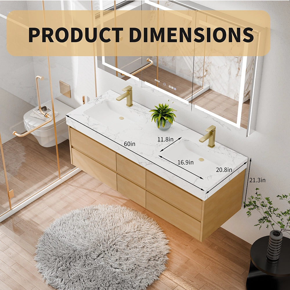 60" Wall Mounted Double Sink Bathroom Vanity Cabinet with Engineered Stone Top