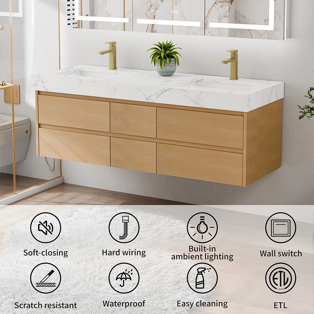 60" Wall Mounted Double Sink Bathroom Vanity Cabinet with Engineered Stone Top