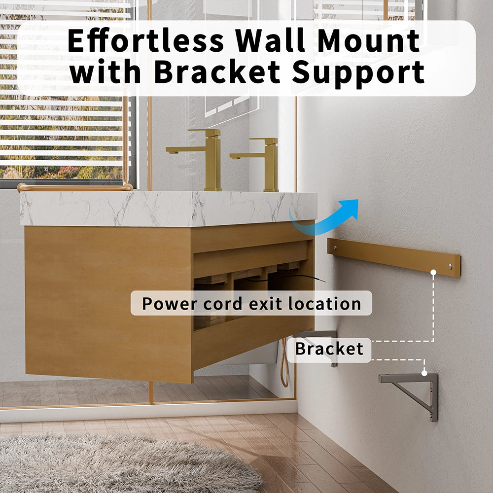 60" Wall Mounted Double Sink Bathroom Vanity Cabinet with Engineered Stone Top