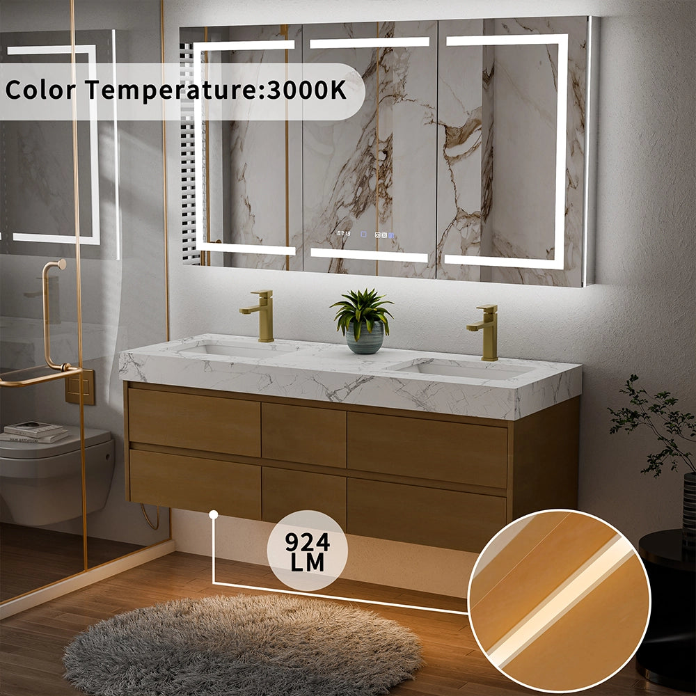 60" Wall Mounted Double Sink Bathroom Vanity Cabinet with Engineered Stone Top