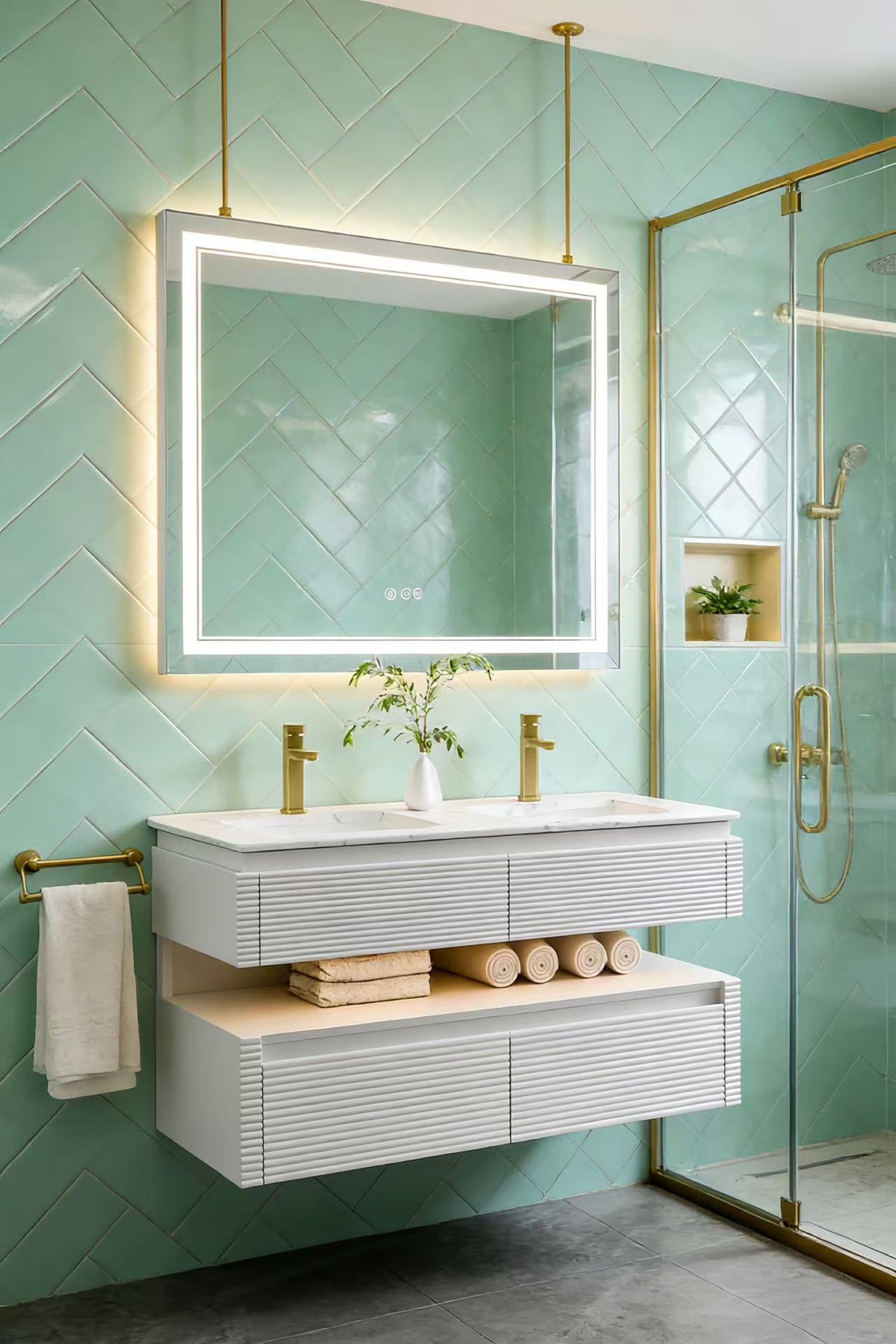 48 Inch Floating Bathroom Vanity with LED Functionality and Double Sinks